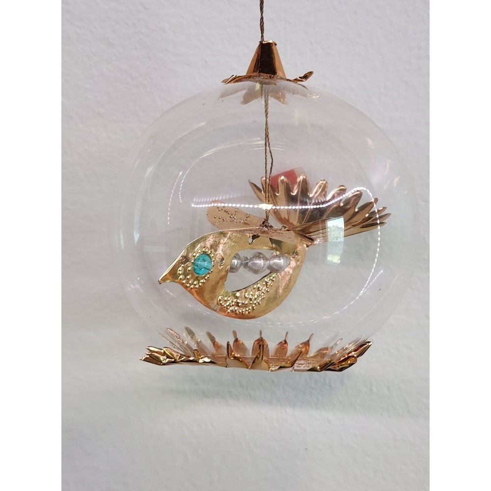 Vtg West Germany Resl Lenz Glass Ornament 3D Partridge Bird Gold Foil Round